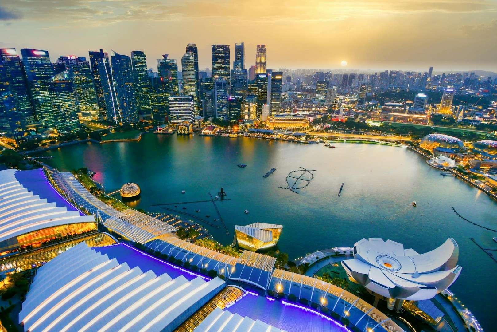 Singapore — aerial view of Marina Bay at dusk